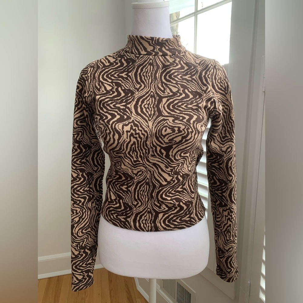Anthropologie RD Style Marble Ribbed Mock Neck long Sleeve • Brown Combo • XS/S